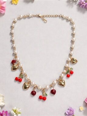 Pearl Cherry & Heart Pendant Necklace